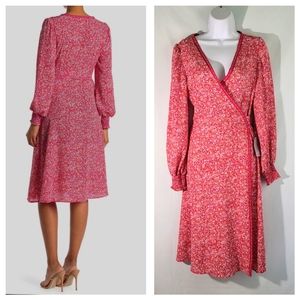 NWT MAX STUDIO Red Dott Print Wrap Midi Dress Size M Smocked Cuff Long Sleeve